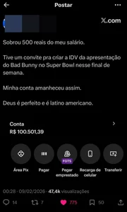 Usuário usa imagem viral de saldo em banco digital para fingir ter trabalhado com o cantor Bad Bunny Usuário usa imagem viral de saldo em banco digital para fingir ter trabalhado com o cantor Bad Bunny
