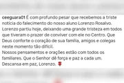A escola em que Lorenzo estudava no Guará também publicou nota de pesar nas redes sociais A escola em que Lorenzo estudava no Guará também publicou nota de pesar nas redes sociais