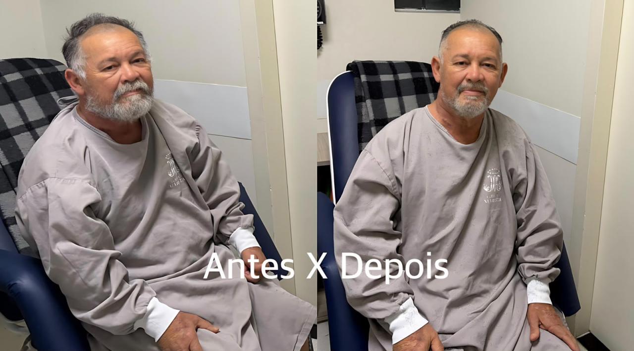 O antes e depois do seu Hélio, paciente com infarto que teve o cabelo cortado pelo enfermeiro no hospital de Curitiba. - Foto: Divulgação/Hospital Universitário Cajuru